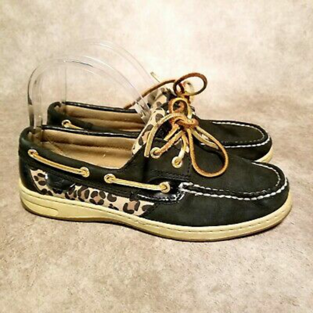 SPERRYS top-siders, size 7.5. Black in color with cheetah print design